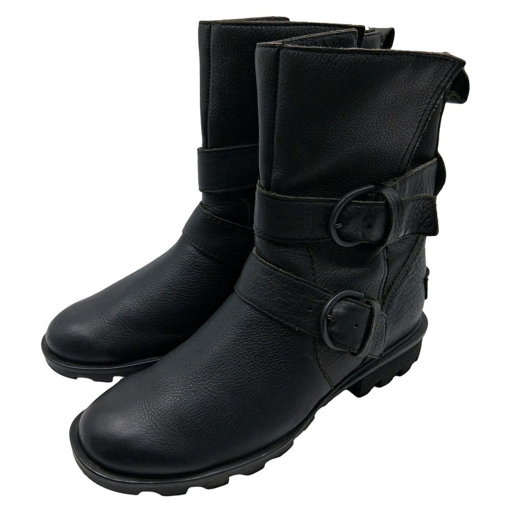 Sorel Boots Womens Size 7.5 Black Leather Biker Mid Calf Lug Sole NL3009-010